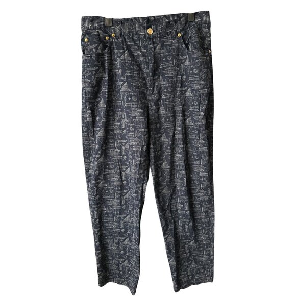Lauren Ralph Lauren Nautical Navy Ankle Pant Ship Boat Blue Print Cotton Size 12 - Picture 1 of 6